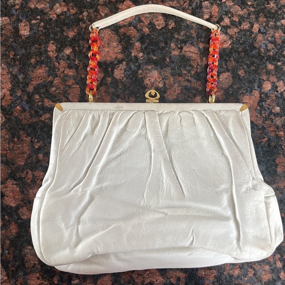 Vintage 50s Etra white leather purse handbag Handbag Tortoise Chain Gold Accent